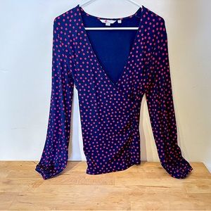 Boden navy blue shirt with red polka dots